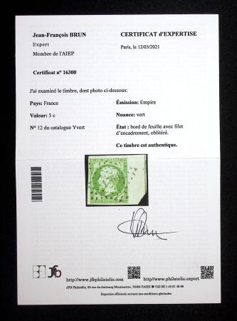 N°12d 5c vert, bdf avec filet d'encadrement, obl.
