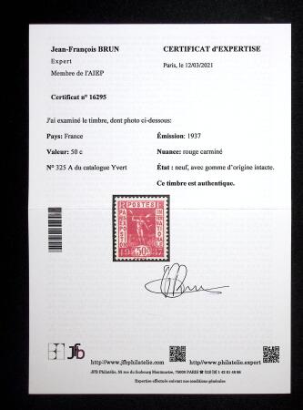 N° 325A 50c rouge carminé, neuf sans charnière,