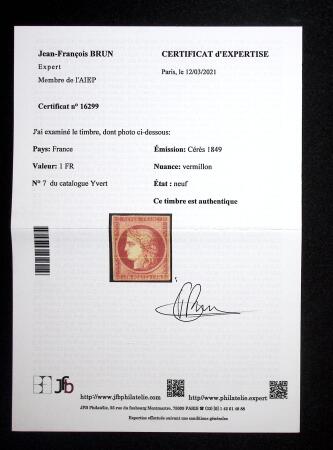 N° 7 1F vermillon, neuf sans gomme, filets intacts,