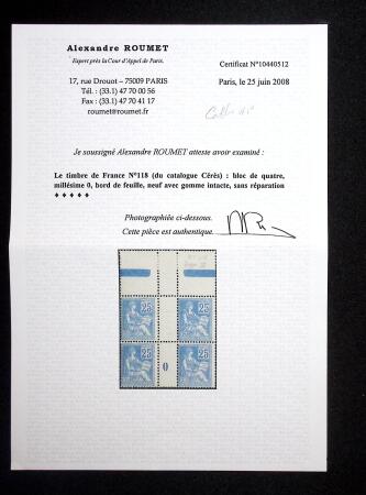 N° 118 25c bleu en bloc de 4 hdf millésime 0, très