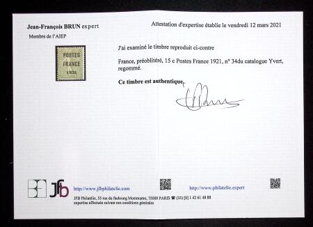 N° 34 15c vert-olive, TB, R. Signé Calves, cert.