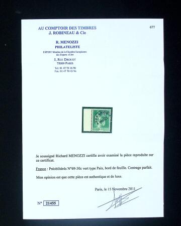 N° 69 30c vert bdf, centrage parfait, très frais,
