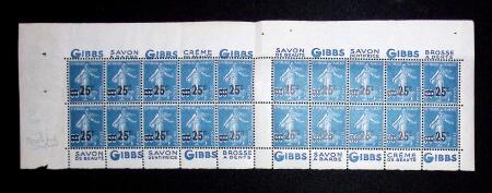 Bloc de 20 timbres 25c sur 30c bleu pour confection