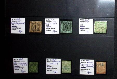 6 used stamps : Baden Mi. n° 1b, 3a, 21a; Oldenburg
