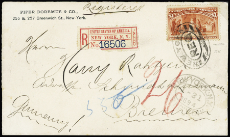 1893 Columbian Exposition Issue: $1 salmon tied by