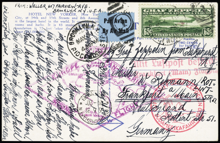 1930 Zeppelin card to Germany franked by 65c green,