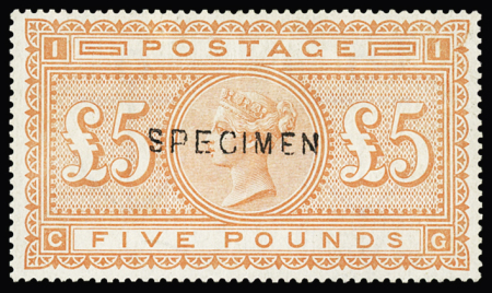 1882 £5 vermilion with SPECIMEN ovpt, small faults,