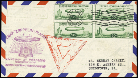 1933 Zeppelin envelope franked by 1933 50c air in block