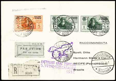 1932 Registered card to Brazil franked by airmail 9+10
