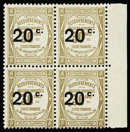 N° 49 20c. s. 30c. bistre, en bloc de 4 avec bdf.