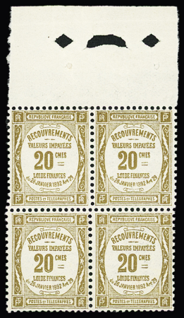 N° 45 20c. bistre, en bloc de 4 avec bdf. neuf sans