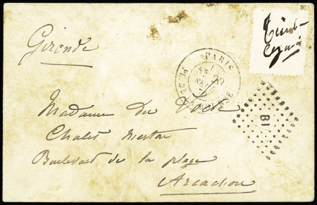 Carte (timbre décollé) avec mention manuscrite "timbre égaré" CAD "Paris PL. de la Bourse" (29 sept 70) + losange de points ambulant "BI" avec au verso CAD ambulant "Bordeaux à Irun" et T16 arrivée Arcachon (24 oct