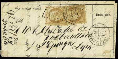 LA POSTE DE PARIS n°36,
   10c bistre, 2 pièces, OBL