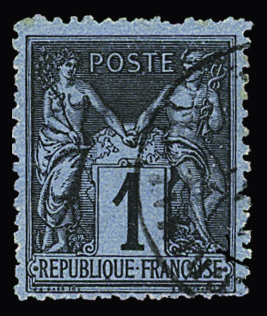 N°84 1c. noir s. bleu de Prusse TII, obl. pli horizontal et pelurage. Certificat JF.Brun