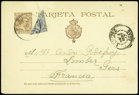 1889-99 25c Blue, BISECT on 10c violet postal stationery card from Huesca (1897) to France, untaxed and very rare