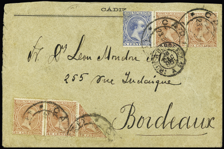 1889-99 10c Brown, four examples plus a BISECT together with 5c blue on double-rate envelope from Cadiz (1895) to Bordeaux, arrival bs and untaxed, scarce