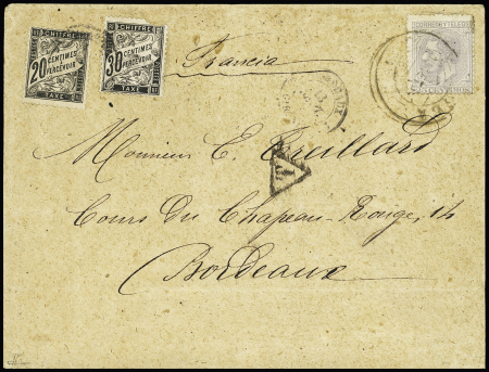 1879 25c bleu sur enveloppe pour Bordeaux (1884), taxée