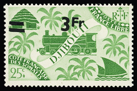 N° 259 3f s. 25c vert-jaune, variété surcharge décalée