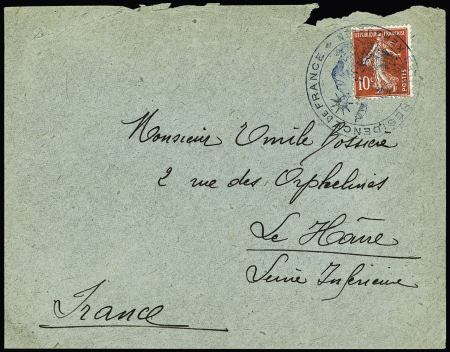 France n°138 OBL grand cachet bleu avec déesse assise type 1 "Résidence de France Iles Kerguelen" sur lettre adressée à Emile Bossière au Havre (pli provenant du courrier du 26.4.1909). RRR et TB
