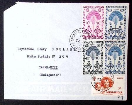 Madagascar n°266 + 269, 3 pièces + 313 "Archipel Kerguelen Madagascar" (23.12.1953 - Saint Marcouf) sur lettre par avion pour Tananarive avec arrivée. TB. Cote 200€