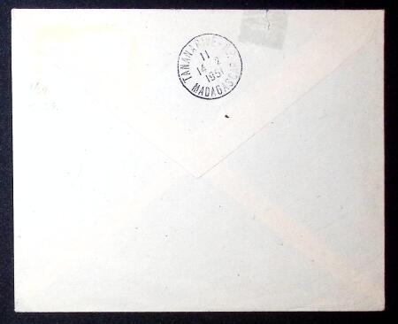 Madagascar PA n°54 OBL CAD "Archipel Kerguelen Madagascar" (15.1.1951 - Italo Marsano) sur lettre pour Paris avec au verso transit Tananarive RP (14.2.1951). TB. Cote 200€