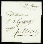 Lettre   avec MP tronquée "Menton" + mention manuscrite