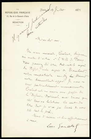 Lettre à   en-tête du Journal "La République Française"