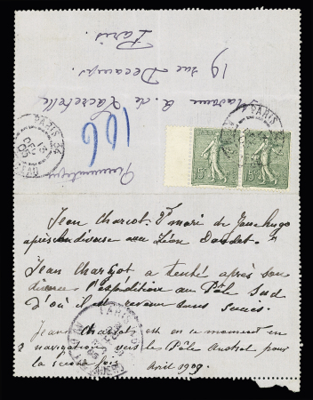 N°130 en paire OBL Paris 34 (1905) sur carte lettre pneumatique adressée à Mme A de Lacretelle avec texte et signature autographe de Jean Charcot. TB