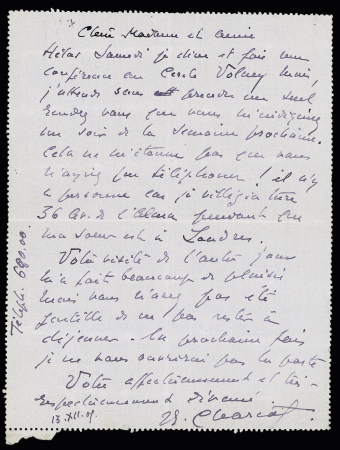 N°130 en paire OBL Paris 34 (1905) sur carte lettre pneumatique adressée à Mme A de Lacretelle avec texte et signature autographe de Jean Charcot. TB