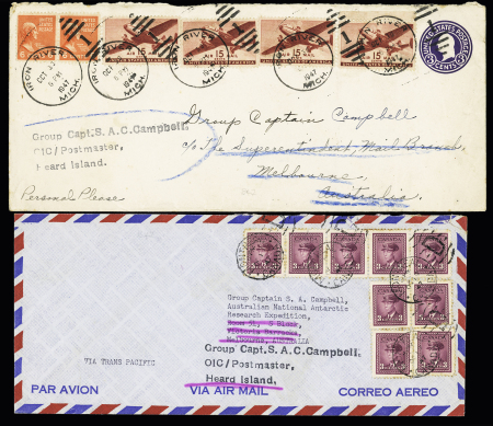 2 lettres des USA et du Canada adressées à Melbourne (1947) et réexpédiées à l'Astralian National Antarctic Research Expedition avec griffe noire "Group Capt SAC Campbell OIC / Postmaster Heard Island". TB