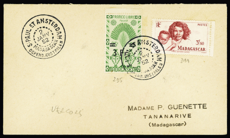 Madagascar n°295 + 311 OBL CAD "S.Paul et Amsterdam Madgascar depend. Australes" (2 janv 52 - Vercors) sur lettre avec arrivée Tananarive 22.1.52 (courrier Guenette). TB
