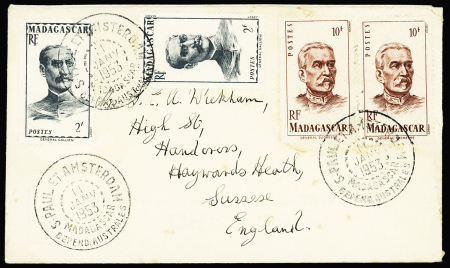 Madagascar n°309, 2 pièces + 315, 2 pièces, OBL CAD "S. Paul et Amsterdam Madagascar depend. Australes" (11 janv 1953 - Vercors) sur lettre pour la Grande-Bretagne, sans arrivée. TB