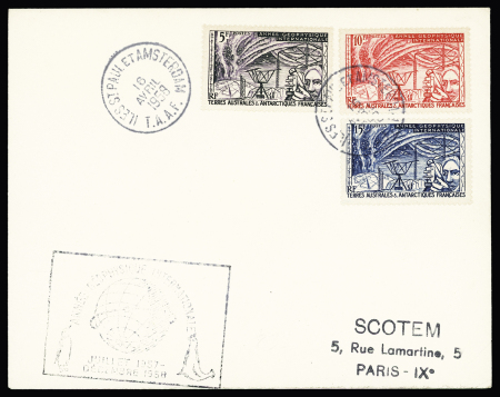 TAAF n°8 à 10 OBL CAD "Iles S. Paul et Amsterdam TAAF" (16 avril 1958) sur env SCOTEM avec cachet illustré de l'année géophysique. TB
