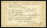 1874 1c postal stationery card with various adverts including Wheeler & Wilson (sowing machines), Boston Paper Collar et Hoak Hll, fine