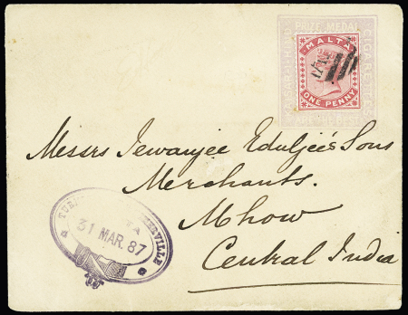 Malte n°6, 18 rouge carminé sur porte-timbre imprimé violet avec pub pour les cigarettes "Kaisar I Hind les meilleures, médaillées". Rare et TB