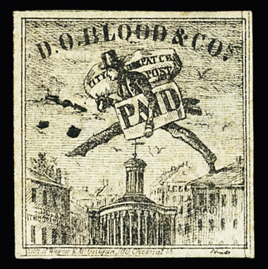 1843 Philadelphia local post "D.O. Blood and Co" label, thin, still attractive