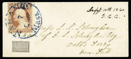 1851-57 3c Dull red cancelled by NAHANT / MASS 7 SEP 1860 cds in blue on cover bearing label "N.England snaps her cotton Yarns" to New York, fine