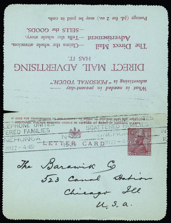 1922 1d Postal stationery double-card with advert on reverse and sent to the US