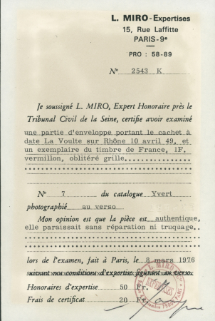 N° 7 1f vermillon, touché, obl. grille sur lettre