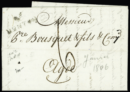 85 MENTON MP sur lettre 1806 pour Agde avec avis de