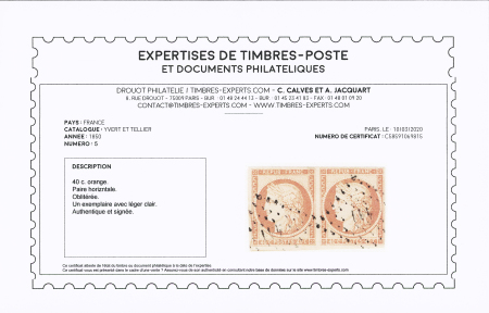 N° 5 40c orange en paire obl. PC de Bordeaux, léger
