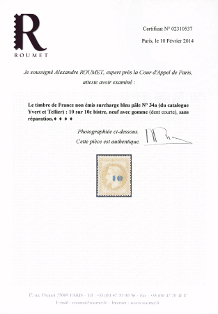 N° 34a 10 sur 10c bistre surcharge bleu pâle, TB,
