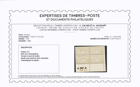 N° 120d 50c brun et gris, papier GC en bloc de 4 cdf