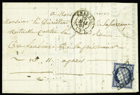 N°4 OBL grille + T15 "Chauny (2)" (1851) sur lettre,