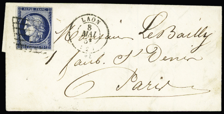 N°4 OBL PC 1477 + T15 "Laon (2)" (1851) sur lettre,