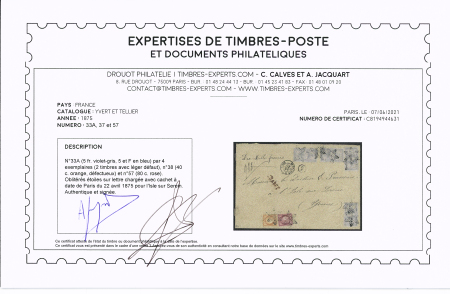 N° 33A (x4 dont deux pd) +38 (déf.) + 57 TB. Certificat