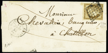 N°1 10c bistre-jaune, OBL grille + cursive "20 Aisey