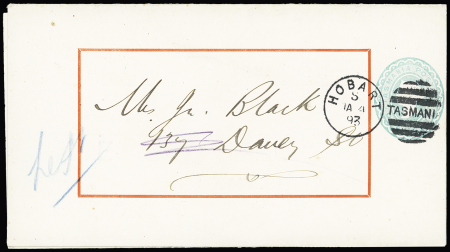 1893 1d Light blue Brownwell Bros, postal stationery advertising for the 11th Great Half-Yearly Sale, cancelled by HOBART JA4 93 duplex, unrecorded by Higgins & Gage, scarce