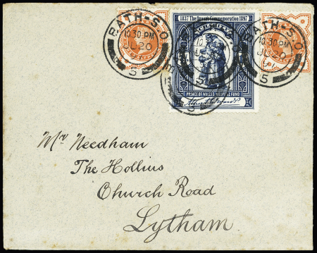 1897 Cover from Bath to Lytham franked by two QV 1887-92 1/2 orange (2), blue charity vignette "1837 The Queen's Commemoration 1897", fine and unusual