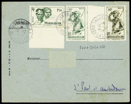 Madagascar n°300 + 302 + 307 OBL Tananarive (10.12.48) sur lettre pour St Paul avec au verso Madagascar timbres-taxe n°21 +22 + 24 + 28 + 30, 2 pièces, surchargés France Libre OBL CAD "S. Paul et Amsterdam depend. Au